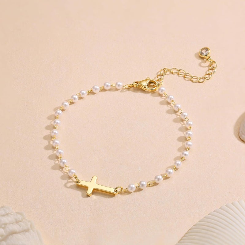 Moodear Valentines Day Gifts for Her, Dainty 925 Sterling Silver/14k Gold Plated CZ Cross Bracelet Layered Snake Pearl Chain Knot Bracelets for Women Trendy Religious Christian Jewelry - Image 5